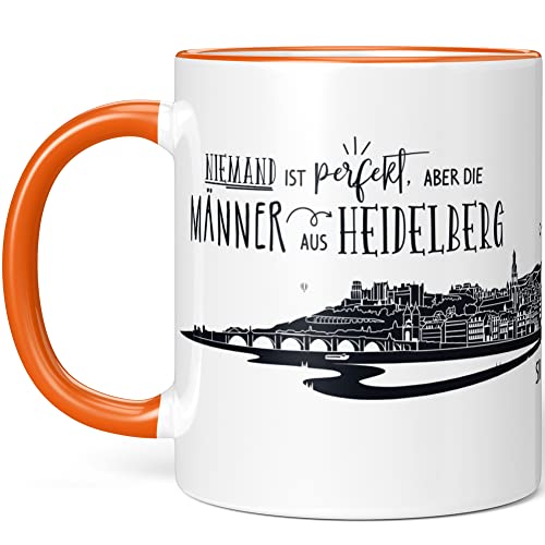 JUNIWORDS Tasse, Niemand ist perfekt, aber die Männer aus Heidelberg sind verdammt nah dran, Orange (1006860) von JUNIWORDS