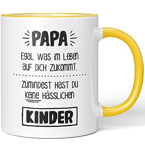 JUNIWORDS Tasse, Papa egal was im Leben auf Dich zukommt. Zumindest hast du Keine hässlichen Kinder, Wähle Farbe, Gelb von JUNIWORDS