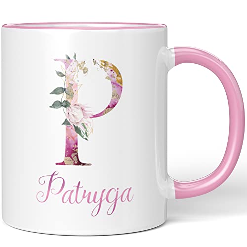 JUNIWORDS Tasse, Patrycja, Name Anfangsbuchstabe Initial Alphabet Floral Buchstabe P Monogramm Motiv, Rosa (5534230) von JUNIWORDS