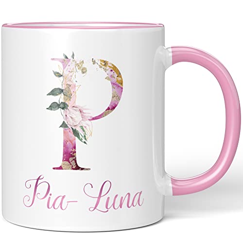 JUNIWORDS Tasse, Pia-Luna, Name Anfangsbuchstabe Initial Alphabet Floral Buchstabe P Monogramm Motiv, Rosa (5534759) von JUNIWORDS
