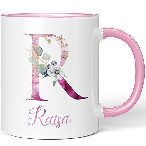 JUNIWORDS Tasse, Raisa, Name Anfangsbuchstabe Initial Alphabet Floral Buchstabe R Monogramm Motiv, Rosa (5535766) von JUNIWORDS