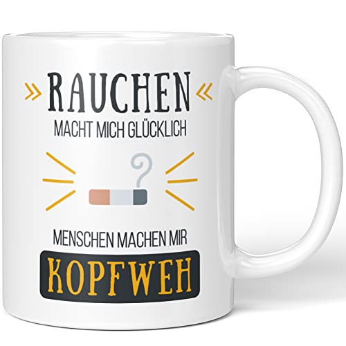 JUNIWORDS Tasse, Rauchen macht mich glücklich Menschen machen mir Kopfweh, Wähle Farbe, Weiß von JUNIWORDS