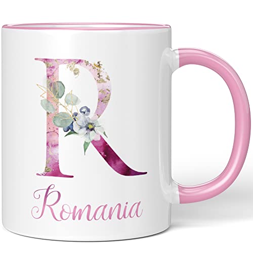 JUNIWORDS Tasse, Romania, Name Anfangsbuchstabe Initial Alphabet Floral Buchstabe R Monogramm Motiv, Rosa (5537163) von JUNIWORDS