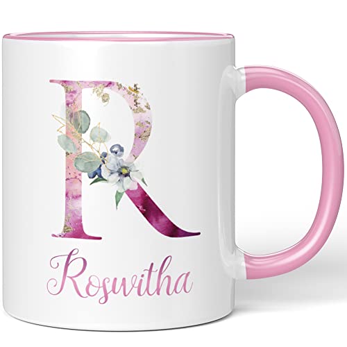 JUNIWORDS Tasse, Roswitha, Name Anfangsbuchstabe Initial Alphabet Floral Buchstabe R Monogramm Motiv, Rosa (5537555) von JUNIWORDS