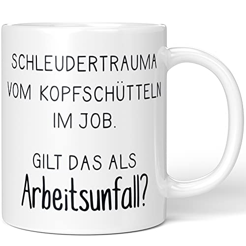 JUNIWORDS Tasse, Schleudertrauma vom Kopfschütteln im Job. Gilt das als Arbeitsunfall?, Wähle Farbe, Weiß von JUNIWORDS