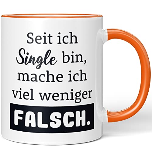 JUNIWORDS Tasse, Seit ich Single Bin, Mache ich viel weniger falsch, Wähle Farbe, Orange von JUNIWORDS