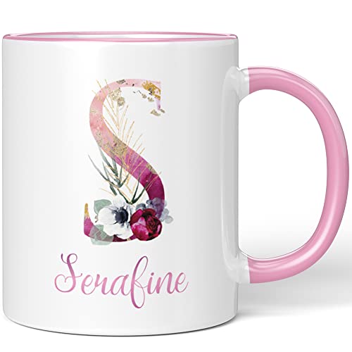 JUNIWORDS Tasse, Serafine, Name Anfangsbuchstabe Initial Alphabet Floral Buchstabe S Monogramm Motiv, Rosa (5540456) von JUNIWORDS