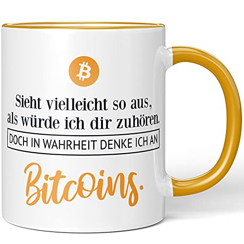 JUNIWORDS Tasse, Sieht vielleicht so aus, als würde ich dir zuhören. Doch in Wahrheit denke ich an Bitcoins (1001137), Wähle Farbe, Dunkelgelb von JUNIWORDS