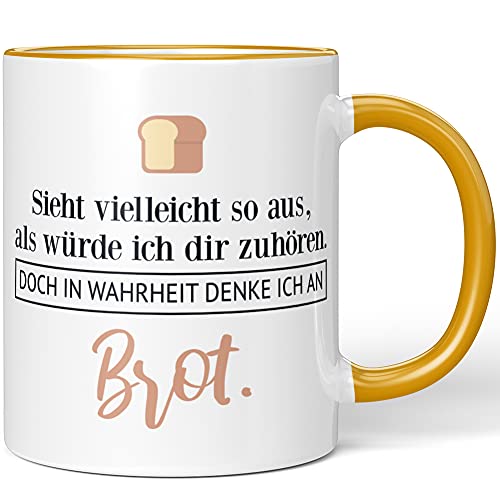 JUNIWORDS Tasse, Sieht vielleicht so aus, als würde ich dir zuhören. Doch in Wahrheit denke ich an Brot (1001602), Wähle Farbe, Dunkelgelb von JUNIWORDS