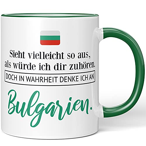 JUNIWORDS Tasse, Sieht vielleicht so aus, als würde ich dir zuhören. Doch in Wahrheit denke ich an Bulgarien (1001295), Wähle Farbe, Grün von JUNIWORDS