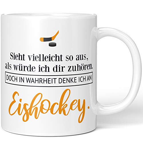 JUNIWORDS Tasse, Sieht vielleicht so aus, als würde ich dir zuhören. Doch in Wahrheit denke ich an Eishockey (1001718), Wähle Farbe, Weiß von JUNIWORDS