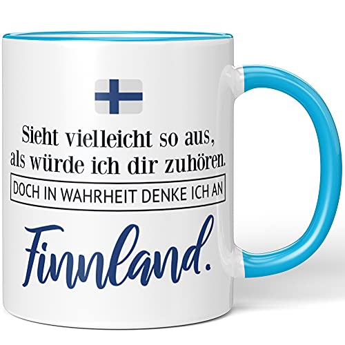 JUNIWORDS Tasse, Sieht vielleicht so aus, als würde ich dir zuhören. Doch in Wahrheit denke ich an Finnland (1001299), Wähle Farbe, Blau von JUNIWORDS