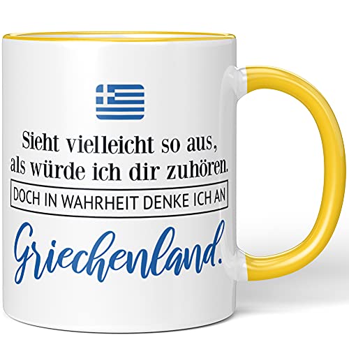 JUNIWORDS Tasse, Sieht vielleicht so aus, als würde ich dir zuhören. Doch in Wahrheit denke ich an Griechenland (1001302), Wähle Farbe, Gelb von JUNIWORDS