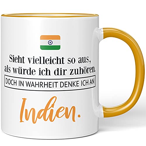 JUNIWORDS Tasse, Sieht vielleicht so aus, als würde ich dir zuhören. Doch in Wahrheit denke ich an Indien (1001285), Wähle Farbe, Dunkelgelb von JUNIWORDS