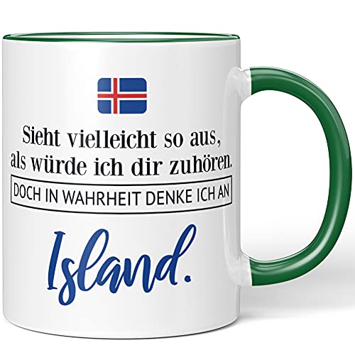 JUNIWORDS Tasse, Sieht vielleicht so aus, als würde ich dir zuhören. Doch in Wahrheit denke ich an Island (1001305), Wähle Farbe, Grün von JUNIWORDS