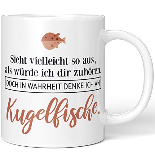 JUNIWORDS Tasse, Sieht vielleicht so aus, als würde ich dir zuhören. Doch in Wahrheit denke ich an Kugelfische (1001525), Wähle Farbe, Weiß von JUNIWORDS