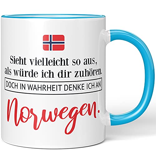 JUNIWORDS Tasse, Sieht vielleicht so aus, als würde ich dir zuhören. Doch in Wahrheit denke ich an Norwegen (1001317), Wähle Farbe, Blau von JUNIWORDS