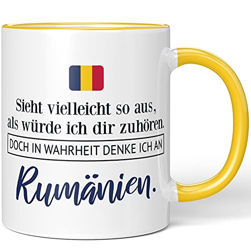 JUNIWORDS Tasse, Sieht vielleicht so aus, als würde ich dir zuhören. Doch in Wahrheit denke ich an Rumänien (1001321), Wähle Farbe, Gelb von JUNIWORDS