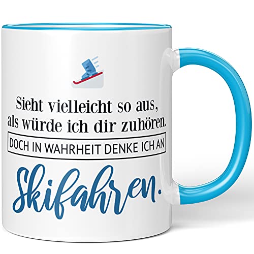 JUNIWORDS Tasse, Sieht vielleicht so aus, als würde ich dir zuhören. Doch in Wahrheit denke ich an Skifahren (1001433), Wähle Farbe, Blau von JUNIWORDS