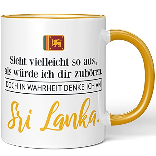 JUNIWORDS Tasse, Sieht vielleicht so aus, als würde ich dir zuhören. Doch in Wahrheit denke ich an Sri Lanka (1001287), Wähle Farbe, Dunkelgelb von JUNIWORDS