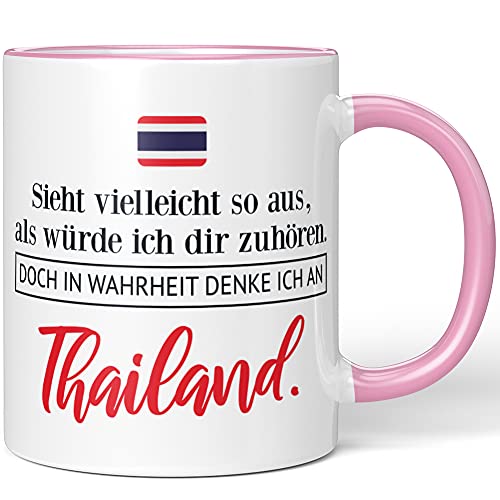 JUNIWORDS Tasse, Sieht vielleicht so aus, als würde ich dir zuhören. Doch in Wahrheit denke ich an Thailand (1001273), Wähle Farbe, Rosa von JUNIWORDS