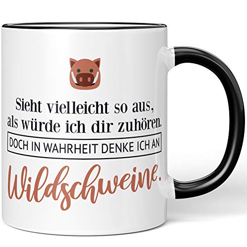 JUNIWORDS Tasse, Sieht vielleicht so aus, als würde ich dir zuhören. Doch in Wahrheit denke ich an Wildschweine (1001502), Wähle Farbe, Schwarz von JUNIWORDS