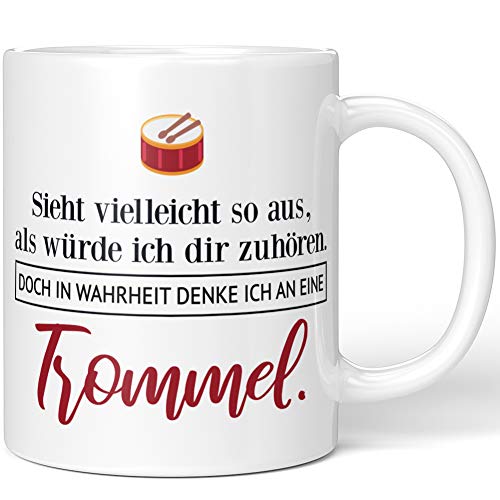 JUNIWORDS Tasse, Sieht vielleicht so aus, als würde ich dir zuhören. Doch in Wahrheit denke ich an eine Trommel (1001470), Wähle Farbe, Weiß von JUNIWORDS