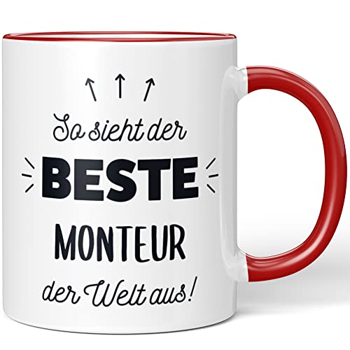 JUNIWORDS Tasse, So sieht der beste Monteur der Welt aus!, Rot (5864748) von JUNIWORDS