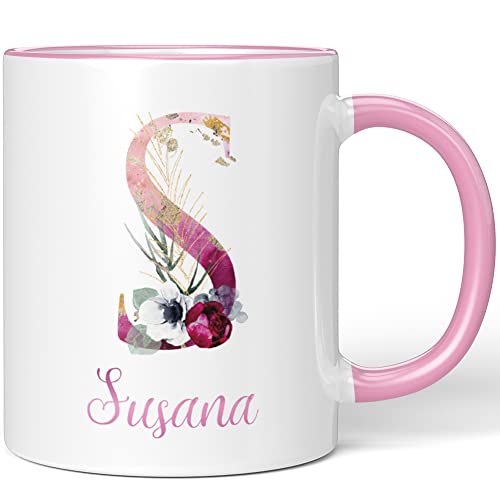 JUNIWORDS Tasse, Susana, Name Anfangsbuchstabe Initial Alphabet Floral Buchstabe S Monogramm Motiv, Rosa (5544362) von JUNIWORDS