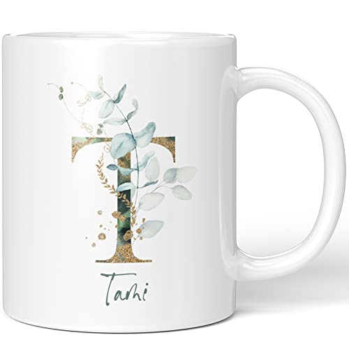 JUNIWORDS Tasse, Tami, Name Anfangsbuchstabe Initial Alphabet Floral Buchstabe T Monogramm Motiv, Weiß (5484260) von JUNIWORDS