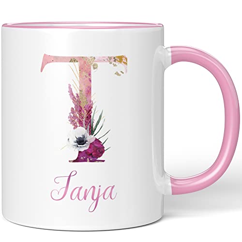 JUNIWORDS Tasse, Tanja, Name Anfangsbuchstabe Initial Alphabet Floral Buchstabe T Monogramm Motiv, Rosa (5545078) von JUNIWORDS