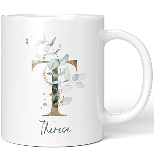 JUNIWORDS Tasse, Therese, Name Anfangsbuchstabe Initial Alphabet Floral Buchstabe T Monogramm Motiv, Weiß (5485139) von JUNIWORDS