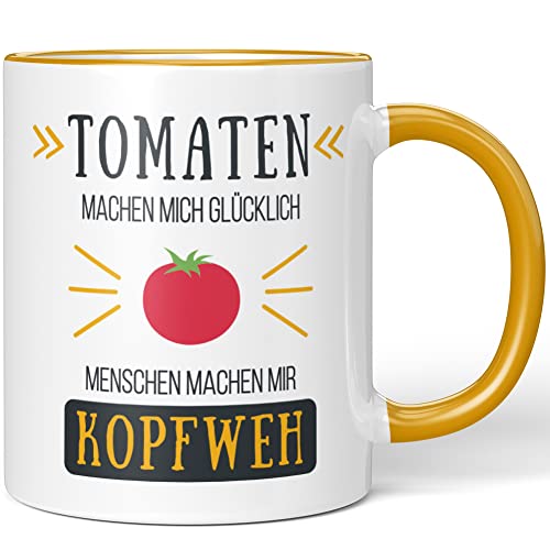 JUNIWORDS Tasse, Tomaten machen mich glücklich Menschen machen mir Kopfweh, Wähle Farbe, Dunkelgelb von JUNIWORDS