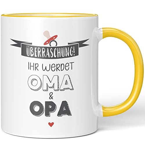 JUNIWORDS Tasse, Überraschung! Ihr werdet Oma & Opa, Gelb (1005456) von JUNIWORDS
