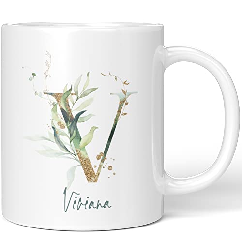 JUNIWORDS Tasse, Viviana, Name Anfangsbuchstabe Initial Alphabet Floral Buchstabe V Monogramm Motiv, Weiß (5487507) von JUNIWORDS