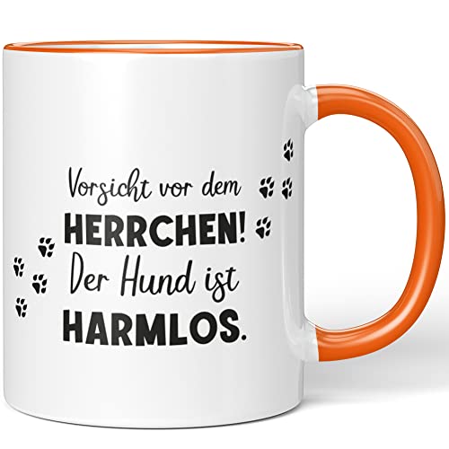 JUNIWORDS Tasse, Vorsicht vor dem Herrchen! Der Hund ist harmlos, Orange (1008380) von JUNIWORDS