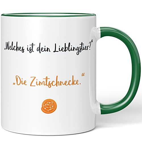JUNIWORDS Tasse, Welches ist Dein Lieblingstier? Die Zimtschnecke, Grün (1008803) von JUNIWORDS