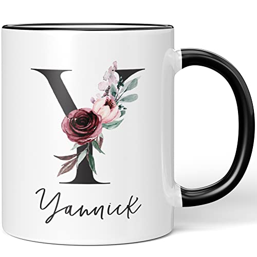 JUNIWORDS Tasse, Yannick, Name Anfangsbuchstabe Initial Alphabet Floral Buchstabe Y Monogramm Motiv, Schwarz (5610225) von JUNIWORDS