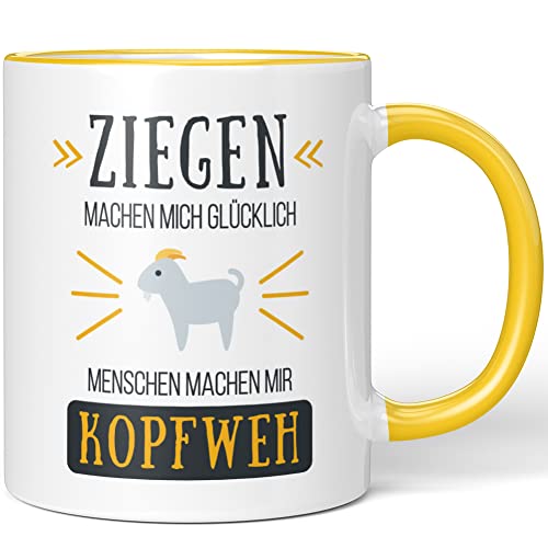 JUNIWORDS Tasse, Ziegen machen mich glücklich Menschen machen mir Kopfweh, Wähle Farbe, Gelb von JUNIWORDS