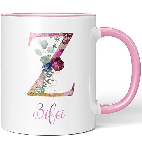 JUNIWORDS Tasse, Zifei, Name Anfangsbuchstabe Initial Alphabet Floral Buchstabe Z Monogramm Motiv, Rosa (5551054) von JUNIWORDS