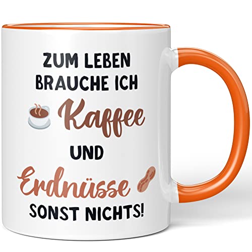 JUNIWORDS Tasse, Zum Leben brauche ich Kaffee und Erdnüsse, sonst nichts, Orange (1005369) von JUNIWORDS