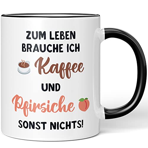 JUNIWORDS Tasse, Zum Leben brauche ich Kaffee und Pfirsiche, sonst nichts, Schwarz (1005353) von JUNIWORDS