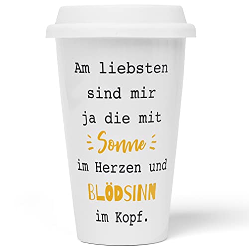 JUNIWORDS To-Go Becher mit Deckel, Am liebsten sind mir ja die mit Sonne im Herzen und Blödsinn im Kopf von JUNIWORDS