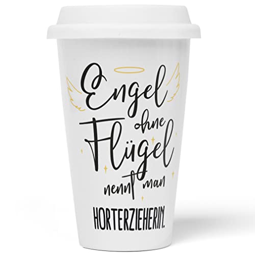 JUNIWORDS To-Go Becher mit Deckel, Engel ohne Flügel nennt man Horterzieherin (5167244) von JUNIWORDS