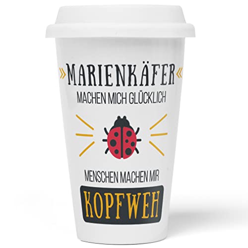 JUNIWORDS To-Go Becher mit Deckel, Marienkäfer machen mich glücklich Menschen machen mir Kopfweh (1004561) von JUNIWORDS