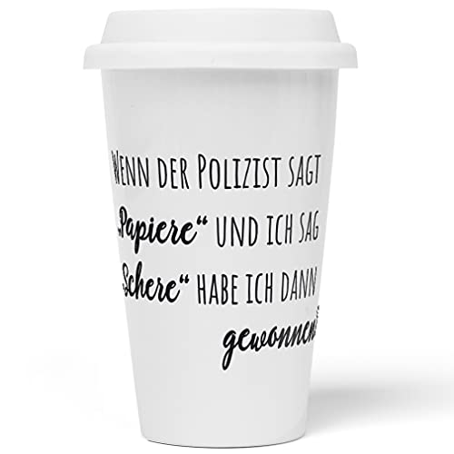 JUNIWORDS To-Go Becher mit Deckel, Wenn der Polizist sagt Papiere und ich sag Schere, habe ich dann gewonnen? von JUNIWORDS