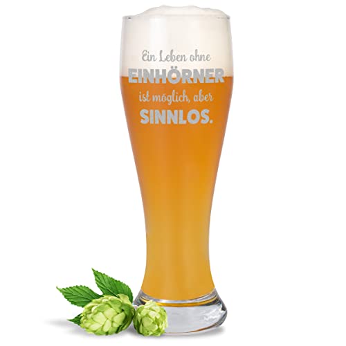 JUNIWORDS Weizenbierglas mit Gravur, Ein Leben ohne Einhörner ist möglich, aber sinnlos, Bierglas (1009733) von JUNIWORDS