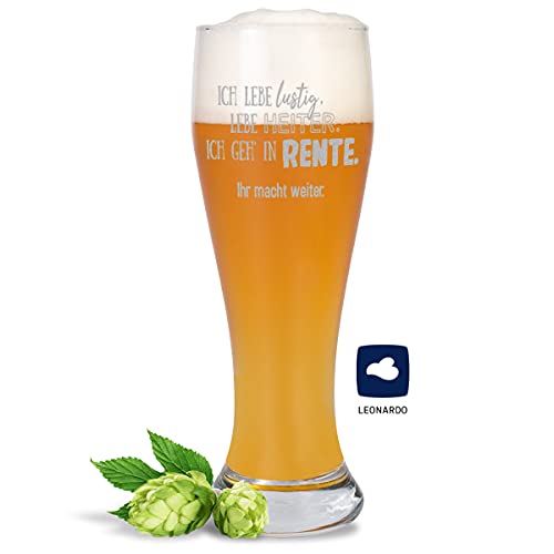 JUNIWORDS Weizenbierglas mit Gravur, Ich lebe lustig, lebe heiter. Ich geh’ in Rente. Ihr macht weiter, Bierglas von JUNIWORDS