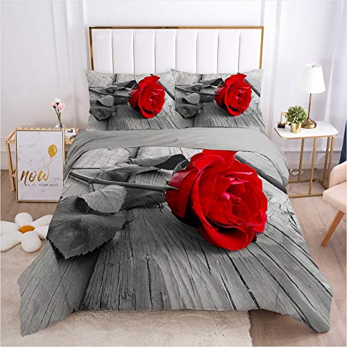JUNL Rot Rose Bettwäsche 200x200cm 3D Druck Romantische Rose Blume Erwachsene Bettbezug mit Kissenbezug und Reißverschluss (A5,220 x 240 cm) von JUNL