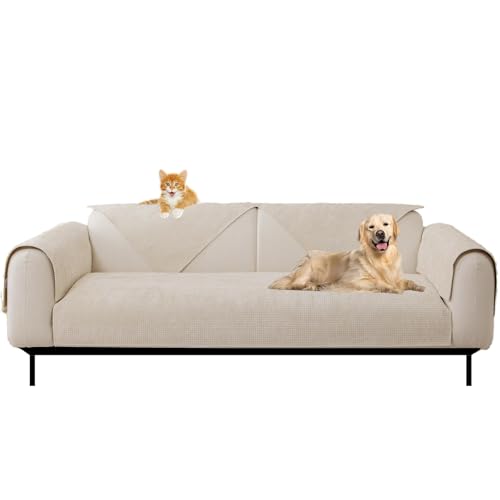 JUNLEBUYI Sofa überzug 4 3 2 1 Sitzer, Waffel Couch überzug Sofaüberwurf L Form Ecksofa Sofa Überwurfdecke Sofaschoner rutschfest Für Hunde Katzen Und Haustiere (90×210cm,Beige) von JUNLEBUYI